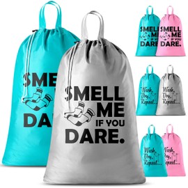 Travel Laundry Bag - 2-Pack - Fun Print Design Bags for Dirty Clothes, Extra Large Capacity, Durable Water Resistant Fabric, Sturdy Drawstring Closure (Teal-Grey | Smell Me If You Dare)