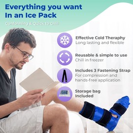 Foot and Ankle Gel Pack - Reusable Gel Ice Pack with Elastic Fastener - Cold Packs for Post-Surgery or Sport Injuries, Flexible Ice Packs - Foot Wrap and Ankle Ice Pack Wrap Compression - 1 Pack Blue