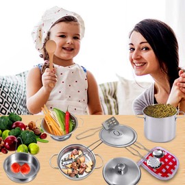Kids Play Kitchen Accessories with Pots and Pans Playset,Mini Stainless Steel Kitchen Pretend Play Toys,Cooking Utensils with Storage bag for Girls Boys