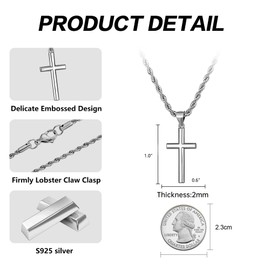 murtoo 925 Sterling Silver Cross Necklce for Men, Cross Pendant Necklace with Stainless Steel Curb Chain Wheat Chain Twisted Rope Chain, Silver Cross Chain Necklace for Men Women (Twisted Rope Chain, 22")
