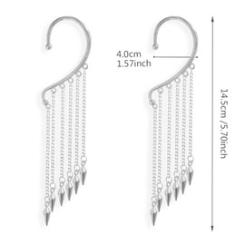 KVANU Unique Trendy Multi Gold Silver Punk Long Tassel Chain Cone Bullet One Ear Cuff 316L Stainless Steel Barrel Nails Crawler Climer Dangle Drop Earring for Women Statement Jewelry Gifts (Silver)