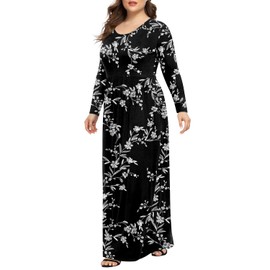 LONGYUAN Womens Maxi Long Sleeve Casual Dresses Plus Size Loose Comfy Elastic Dress with Pockets Black Fl 2XL