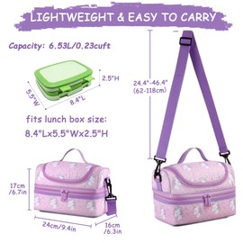 Kasgo Children's Lunch Bag, Insulated Lunch Bag, Cool Bag with Two Compartments and Removable, Adjustable Shoulder Strap, Leak-Proof Lunch Bag, Pink Unicorn