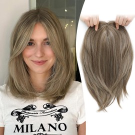 Ms Taj 12 Inch Hair Topper for Women with Thinning Hair, 6.5"x6.5" Large Base Synthetic Topper with Bangs, Fiber Wiglets Ladies Hair Pieces for Daily Wear, Work, Party-Ash Light Brown with Highlights