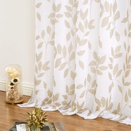 Transparent Curtains, Taupe Leaves, Voile Curtains with Eyelets, Linen Look, Transparent Curtains, Pattern, Transparent Curtains for Decoration, Living Room, Bedroom, Children's Room, 2 Pieces (140 x