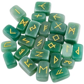 mookaitedecor Natural Green Aventurine Runes Stones Set of 25, Viking Norse Runes with Elder Futhark Alphabet Symbol for Divination Healing Crystal Witchcraft Pagan Supplies Spiritual Gift Room Decor