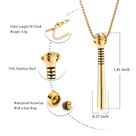 Oinsi Baseball Bat Stainless Steel Cremation Jewelry For Ashes For Women Men Sport Keepsake Memorial Urn Pendant Necklace, Metal, No Gemstone