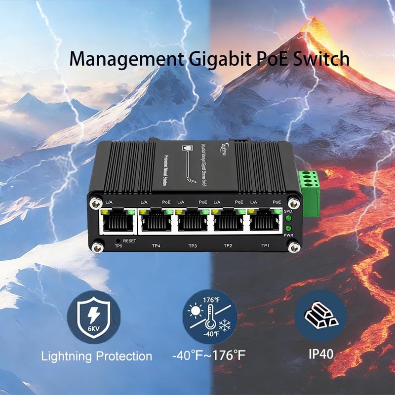 Industrial Managed 5 PoE Gigabit Switch, IEEE 802.3af/at Boost Voltage