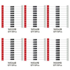AUKENIEN 5W Zener Diode Kit 6 Values 60pcs 1N5339B 5.6V 1N5340B 6V 1N5342B 6.8V 1N5346B 9.1V 1N5349B 12V 1N5359B 24V 5 Watt Zener Diodes Diodos Assortment Set