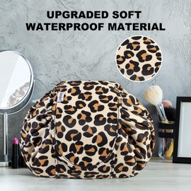 Lazy Drawstring Makeup Bags, Large Capacity Waterproof Travel Portable Cosmetic Bag Pouch Makeup Pouch Storage Organiser for Women Girl (Yellow Leopard)