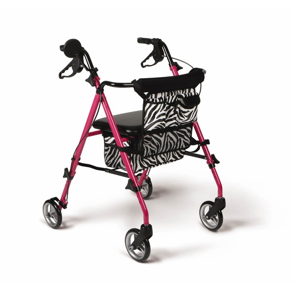 Medline Posh Premium Lightweight, Foldable, Aluminum Rollator Walker with Wheels, Water Resistant, Zebra Print Bag, Pink, 6 Inch