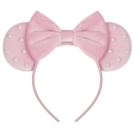 WOVOWOVO Mouse Ears Headbands for Women Pink Bow Pearl Mouse Ear Headband Velvet Hairbands Christmas Birthdays Party Hair Accessories