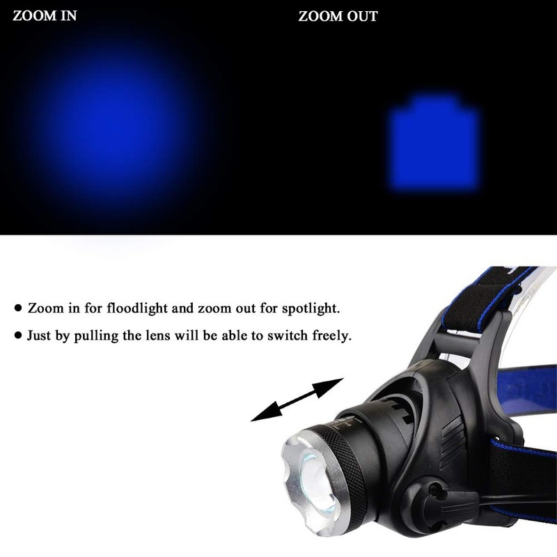 GaiGaiMall Blue LED Headlamp Flashlight Water Resistant Zoomable 3 Modes