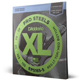 D'Addario Bass Guitar Strings, XL Pro Steels, EPS165-5, Long Scale, Regular Light Top/Medium Bottom Gauge 45-135, 5-String Set, Pack of 1