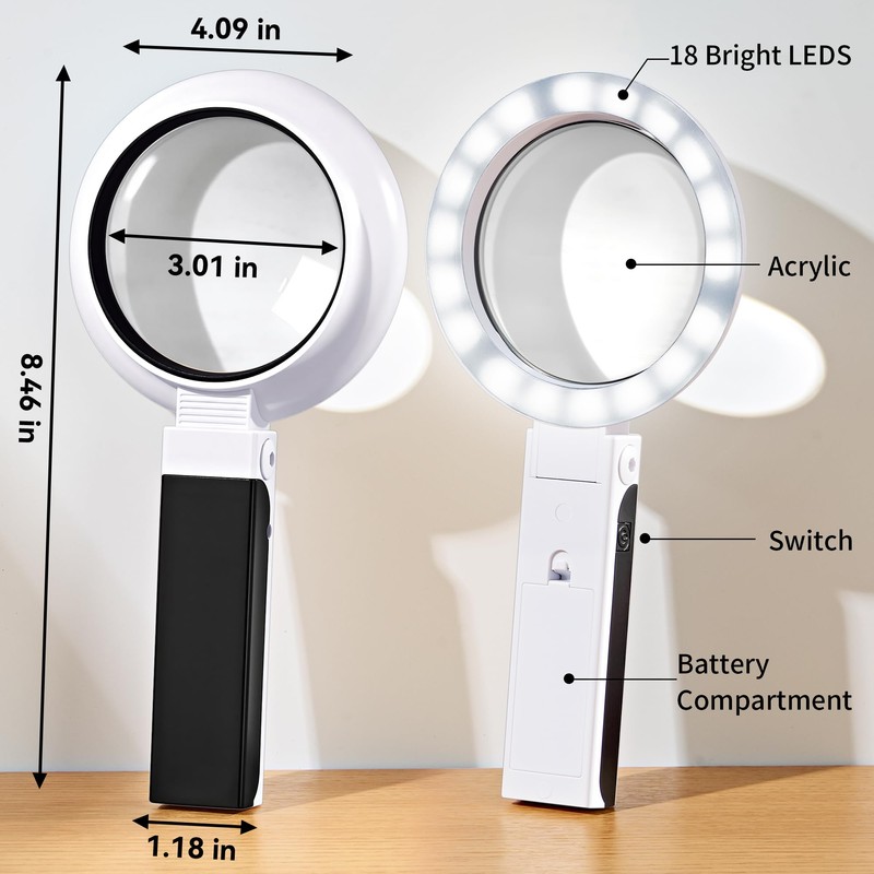JARLINK Magnifying Glass with Light and Stand, 3 Modes Foldable