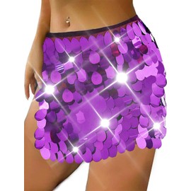 TWINKLEDE Big Sequin Short Skirt Belly Dance Hip Skirts Sparkly Hip Wrap Rave Party Dance Skirt for Women and Girl (F Purple)