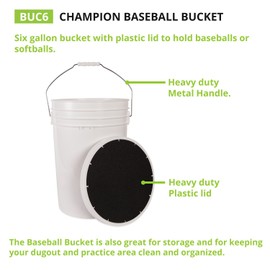 Champion Sports 6 Gallon Bucket with Padded Soft Seat Lid - Durable Construction - Balls Not Included - Ideal for Baseball, Softball, T-Ball, Wiffle Ball, and Lacrosse