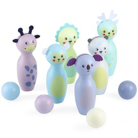 Mamabrum, Wooden Bowling Set for Children - Animals, Pastel Colours, 6 Wooden Discs, 4 Balls Children's Bowling, Skittles Game for Children, Bowling Set for Children Outdoor