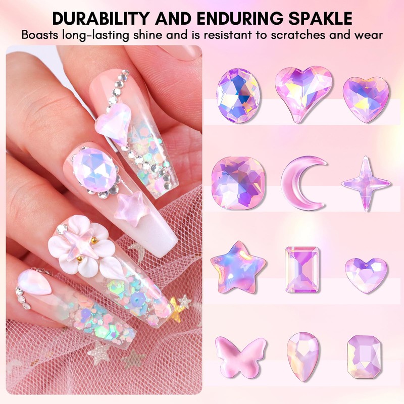 Makartt Pink Diamond Nail Design Glue Set, Flat Back Gemstone,