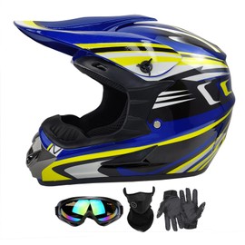 Youth Dirt Bike Helmets Fashion Kids Children Motocross, Motorcycle, BMX, ATV, Off-Road, Four Wheeler, Moutain Bike Full Face Helmets Dot Approved (Goggles Gloves Faceshield) (CX-Blue, X-Small)