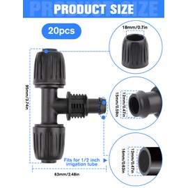 Kalolary 20Pcs 1/2 Inch Irrigation Fittings Tee Connectors for 16mm Irrigation Tubing, Drip Line Goof Plug Connectors for Sprinkler Garden Lawn System