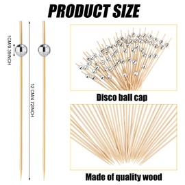 300pcs Disco Decorative Toothpicks for Appetizers, Silver Wooden Disco Ball Cocktail Picks Stirrers Sticks Bamboo Long Food Skewers Fancy Party Decoration for Wedding Birthday Supplies