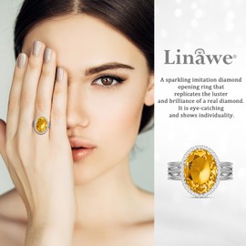 Linawe Silver Rings for Women, Birthstone Chunky Adjustable Ring, Citrine Crystal Gemstone CZ Oval Rings, Fake Faux Imitation Diamond Statement Ring, Big Cocktail Costume Rings