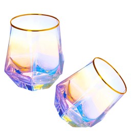 YUHANOER Stemless Wine Glass Set Of 2,10Oz Iridescent Glassware Dishwasher Safe,Spill-Proof Design Modern Colored Tumblers for Red Wine,Cocktails,Whisky,Bourbon,wine gifts