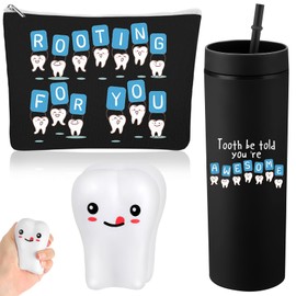 Skylety 3 Pcs Dental Hygiene Month Gifts Dental Assistant Hygienist Appreciation Gift 16oz Tumbler with Lid Cute Teeth Makeup Bag Stress Toy Employee Thank You Dentist Coworker Nurse Student(Black)