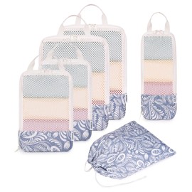 Narwey 6 Set Compression Packing Cubes for Backpack and Suitcases, Travel Organiser Packing Bags for Carry on Hand Luggage (Blue Leaf)