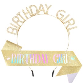 Araluky Birthday Girl Headband & Birthday Girl Sash, Happy Bday Crown Adult Woman Bday Tiara for Women