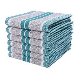 Goroly Home 6 Pack Cotton Vintage Kitchen Dish Towels - Highly Absorbent Quick Dry Professional Grade Cotton Cleaning Towels with Hanging Loop, Honeycomb Pattern - 18x28 Inch - Teal Grey