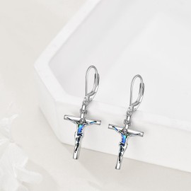 YFN Crucifix Cross Earrings Sterling Silver INRI Cross Dangle Drop Leverback Earrings Abalone Shell Jewelry Jesus Gifts for Women Men