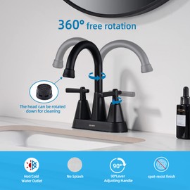 Matte Black Bathroom Sink Faucet, SBOSBO 4 Inch Bathroom Faucet for Sink 3 Hole, 2 Handle Centerset with Pop Up Drain Assembly and 2 Water Supply Hoses for RV Vanity