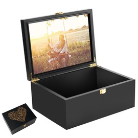 EVA murmure Larger Wooden Memory Keepsake Boxes With Hinged Lids and a photo frame inside the lid - Decorative Storage Box With a Hinge Lids For Picture Letter Time Capsule - 5.3“*8.6”*11.7“ Black