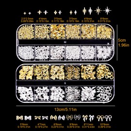 3D Nail Charms 2Boxes - TRACOMPAN 24Grid Metal Alloy Bow Star Gems for Nail Art Designs | Punk Rivet Stickers & Nail Studs Accessories for Nail Art Design DIY Crafts(Gold/Silver)