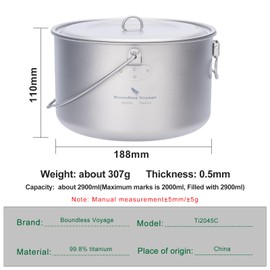 Boundless Voyage 2900ml Camping Pot Titanium Pot with Lid Folding Bail Handle Camping Hiking Picnic Ultralight Portable Cookware 2045C