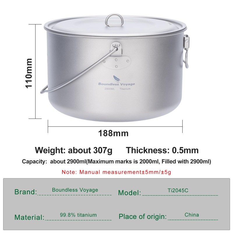 Boundless Voyage 2900ml Camping Pot Titanium Pot with Lid Folding