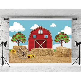 5x3FT Cartoon Red Farm Theme Backdrop Haystack Sunflower Apple Tree Backdrop Barn Background Photo Booth Props for Children Birthday Party Supplies