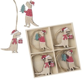 Heaven Sends 8 Wooden Dinosaur Christmas Tree Decorations, Boxed Hanging Festive Decorations, Festive Wooden Novelty Baubles, Boxed Set Gift