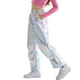 LOLANTA Girls Metallic Sweatpants Hip Hop Clothes Sparkly Loose Fit Teens K-Pop Dance (Laser Silver, 14-16)