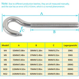 HVDHYY M8 304 Stainless Steel Hook Screw Hook Bolt Screw Rings with a Round Hook Screw Extended Screw Pack of 5