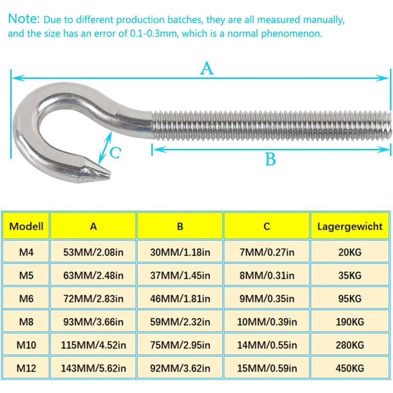 HVDHYY M8 304 Stainless Steel Hook Screw Hook Bolt Screw