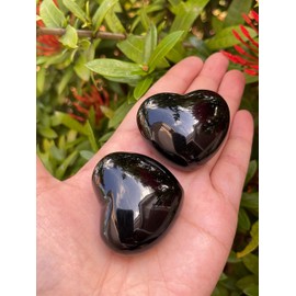 GAF TREASURES Black Obsidian Gemstone Hearts, Polished Black Obsidian Puffy Hearts, Black Obsidian Crystal Palm Stone, Black Obsidian Healing Crystal Hearts (2 Hearts