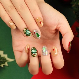 Christmas Press on Nails Short Almond Fake Nails Glitter False Nails Christmas Nails Press ons with Designs Christmas Tree Star Glossy Glue on Nails Acrylic Stick on Nails for Women Decorations 24 Pcs