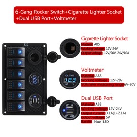 FXC Waterproof Marine Boat Rocker Switch Panel 6 Gang with Dual USB Slot Socket + Cigarette Lighter + Digital Voltage Display LED Light for Car Rv Vehicles Truck (6 Gang Blue Light)