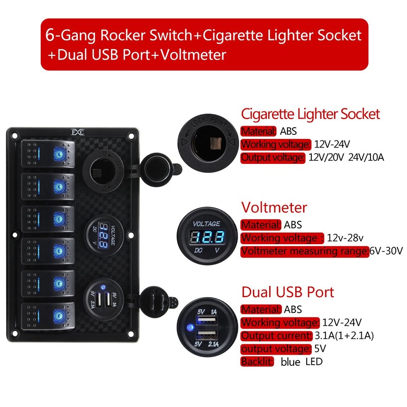 FXC Waterproof Marine Boat Rocker Switch Panel 6 Gang with
