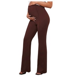 BEAUDRM Women's Maternity Pants Elastic High Waist Flare Leg Pregnancy Trousers Chocolate Brown Medium