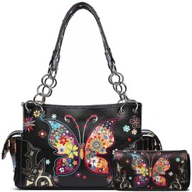 Western Style Spring Butterfly Flower Purse Women Country Handbag Rhinestone Stud Shoulder Bag Wallet Set (Black Set)