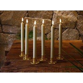 6 Pack Flameless Ivory real Wax Window Candles with 12 AA Batteries(Include, Run More Than 400 Hours) and Golden Candlebase, 10" Flickering Battery Operated LED Taper Windows Candles with Remote Timer